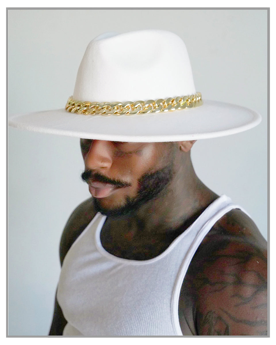 Classic White Fedora with Gilded Chain and Crimson Accent truthBlack