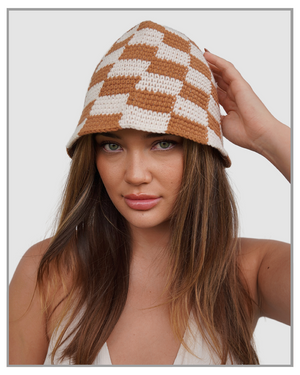 Brown Checkered Hand Knitted Bucket Hat