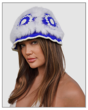 Blue Feathered Hand Knitted Bucket Hat
