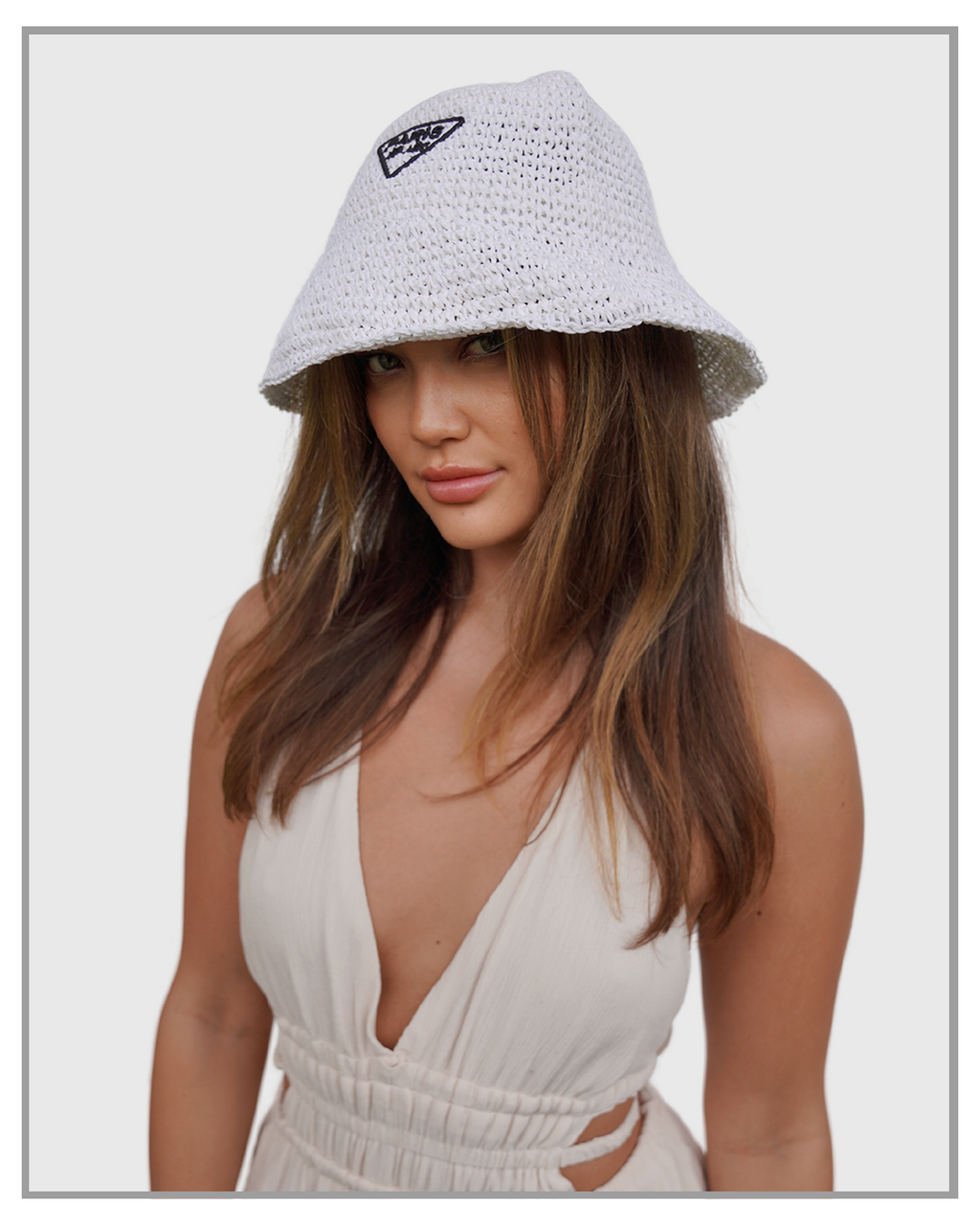 Paris Milano White Embroidery Straw Bucket Hat