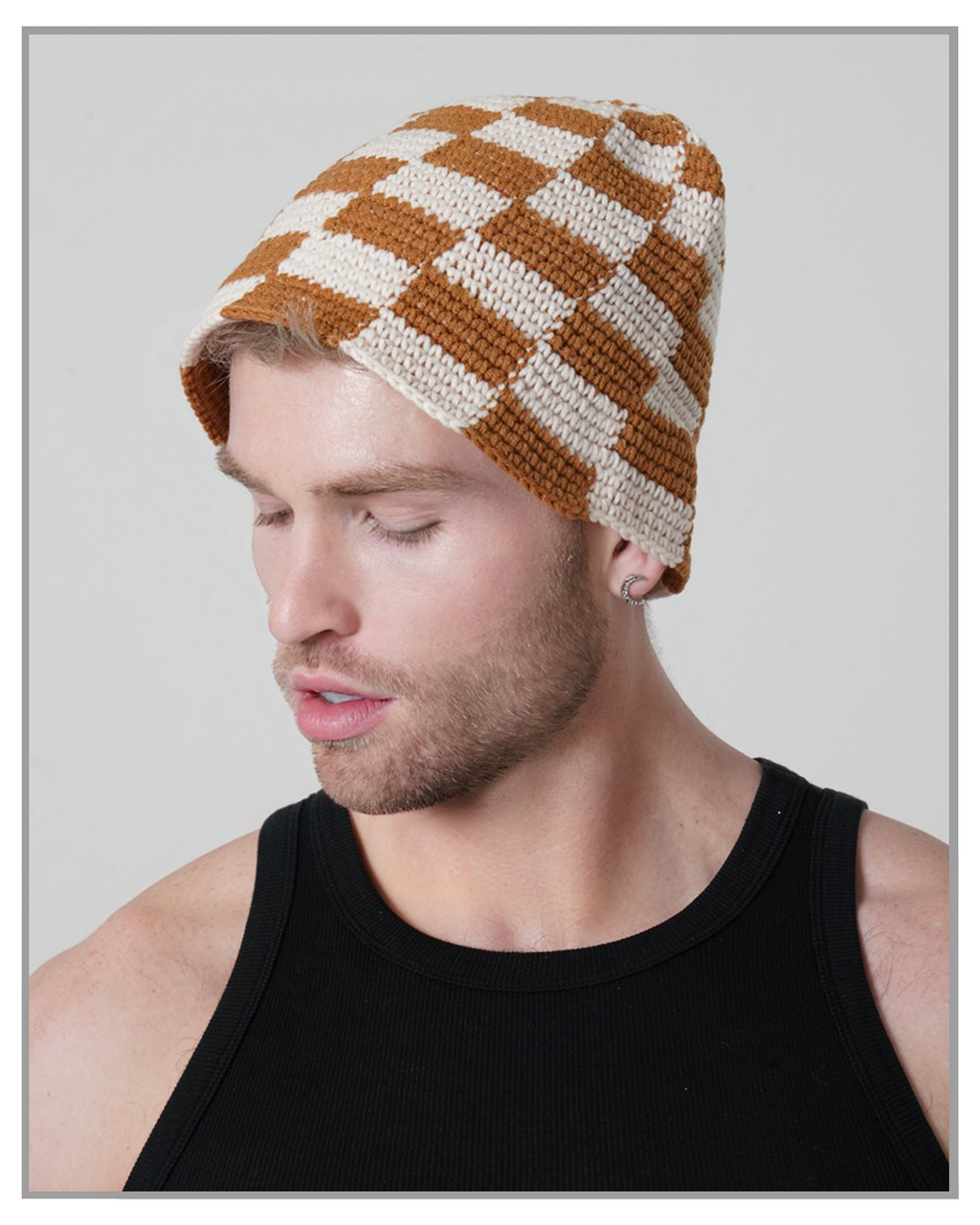 Brown Checkered Hand Knitted Bucket Hat