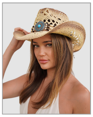 Beaded Straw Weave Cowboy Hat