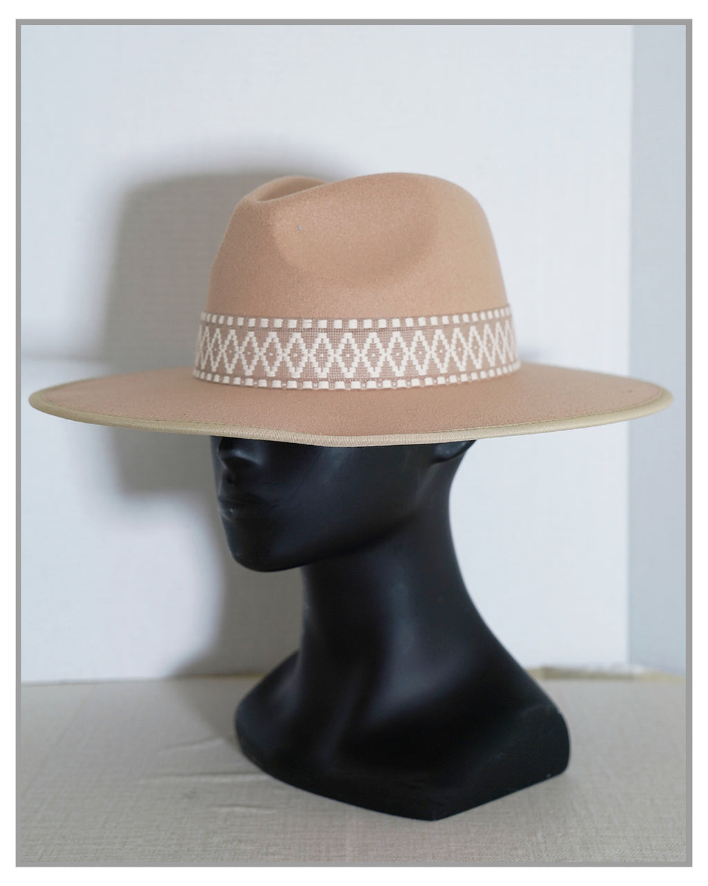 Beige Western Fedora Hat with Embroidered Boho Tribal Band