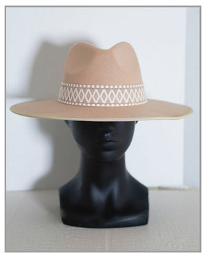 Beige Western Fedora Hat with Embroidered Boho Tribal Band