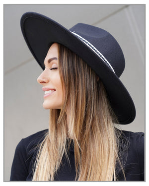 Black Val Diamond Fedora Hat with Band Details