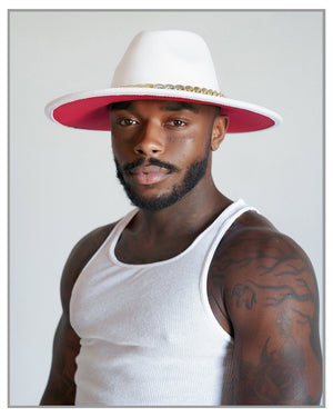 Classic White Fedora with Gilded Chain and Crimson Accent