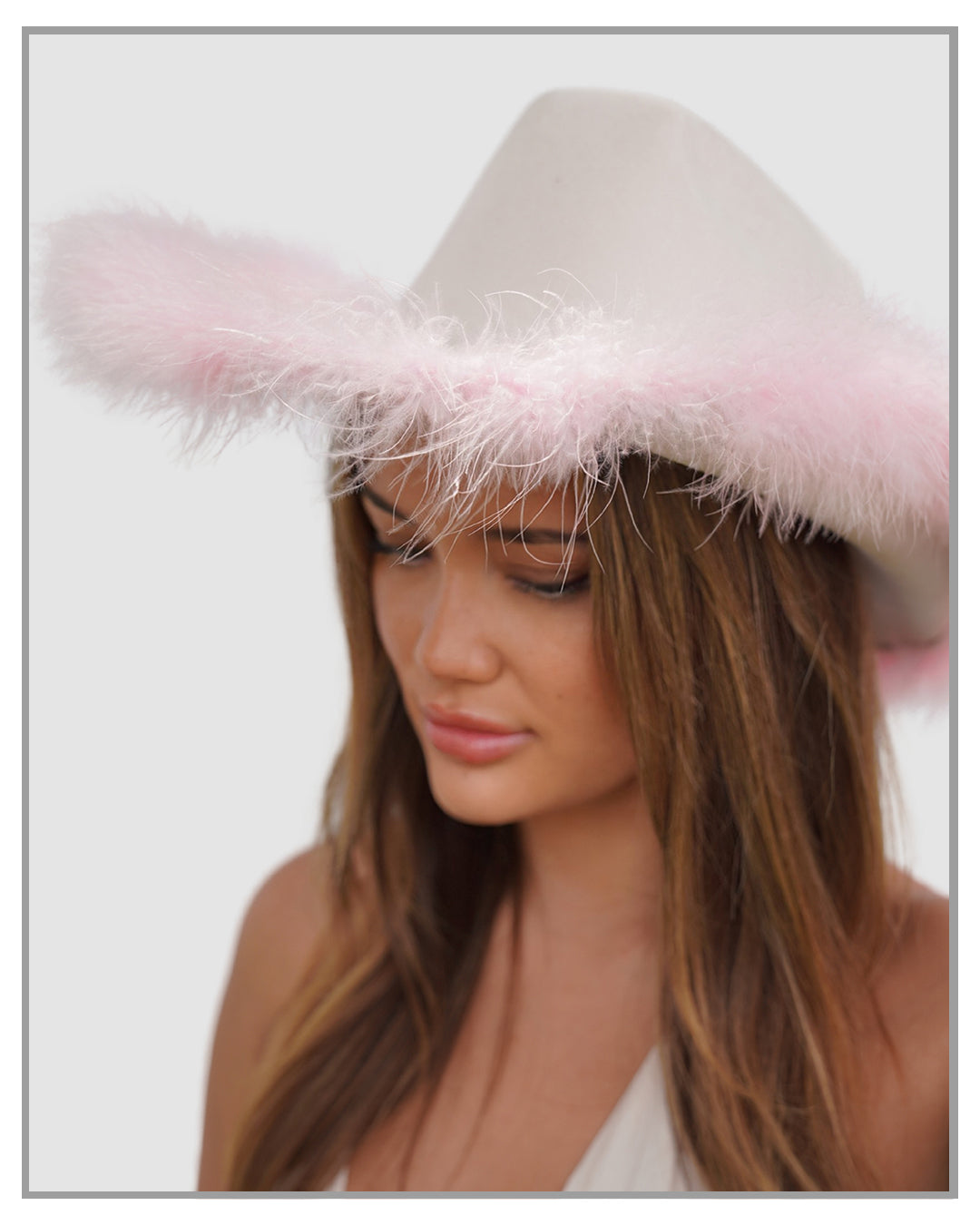 Cream Fedora Hat with Pink Feathers