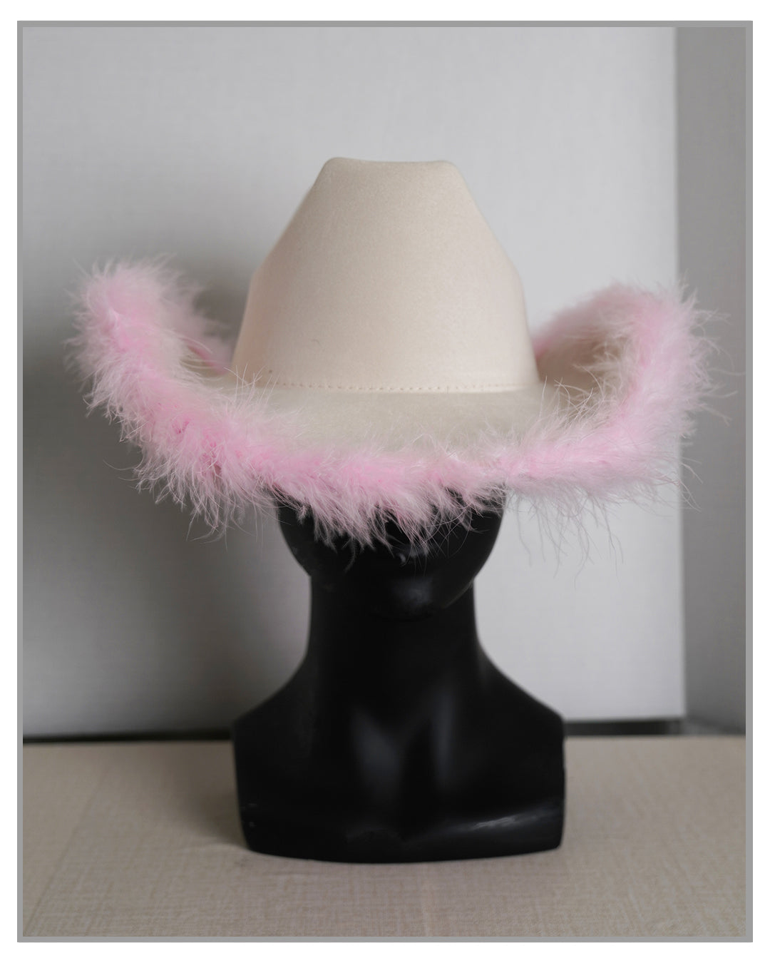 Cream Fedora Hat with Pink Feathers