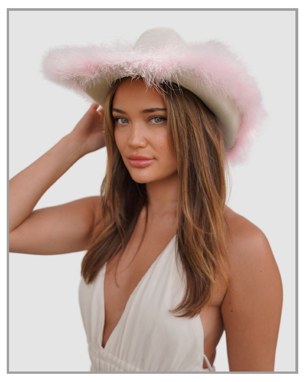 Cream Fedora Hat with Pink Feathers