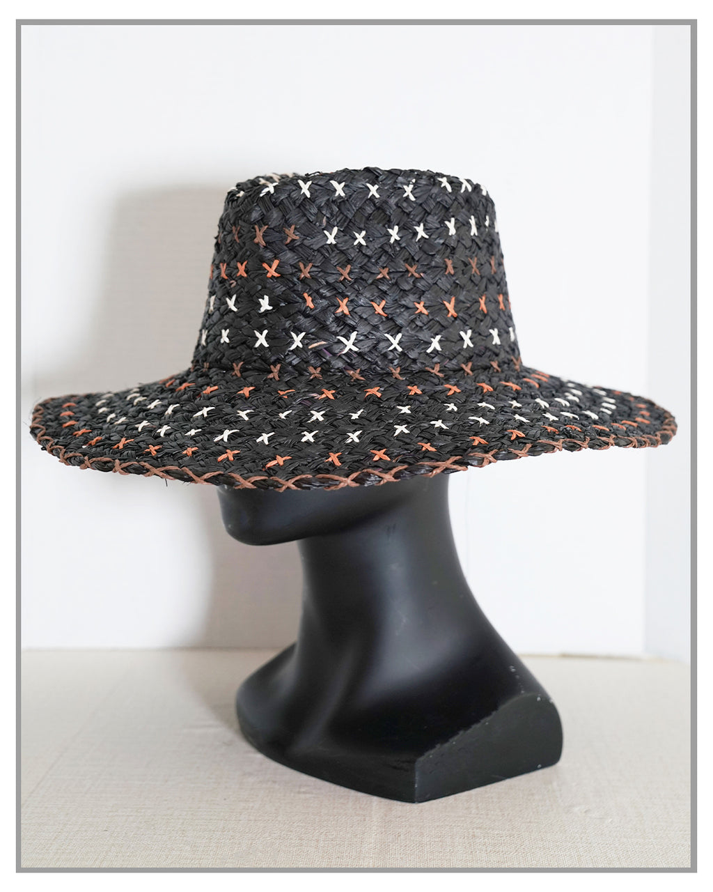 Cross Stitch Multi Colored Black Straw Hat