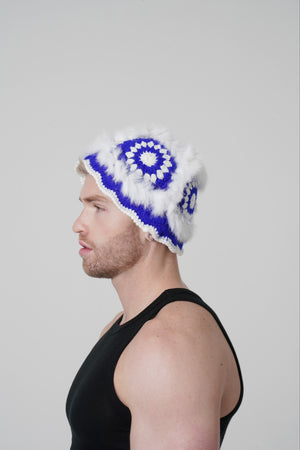 Blue Feathered Hand Knitted Bucket Hat