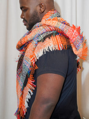 Oversized Orange Plaid Color Block Scarf