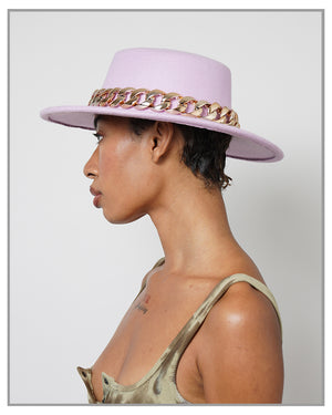 Lavender Flat Top Fedora Hat with Gold Chain