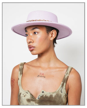 Lavender Flat Top Fedora Hat with Gold Chain