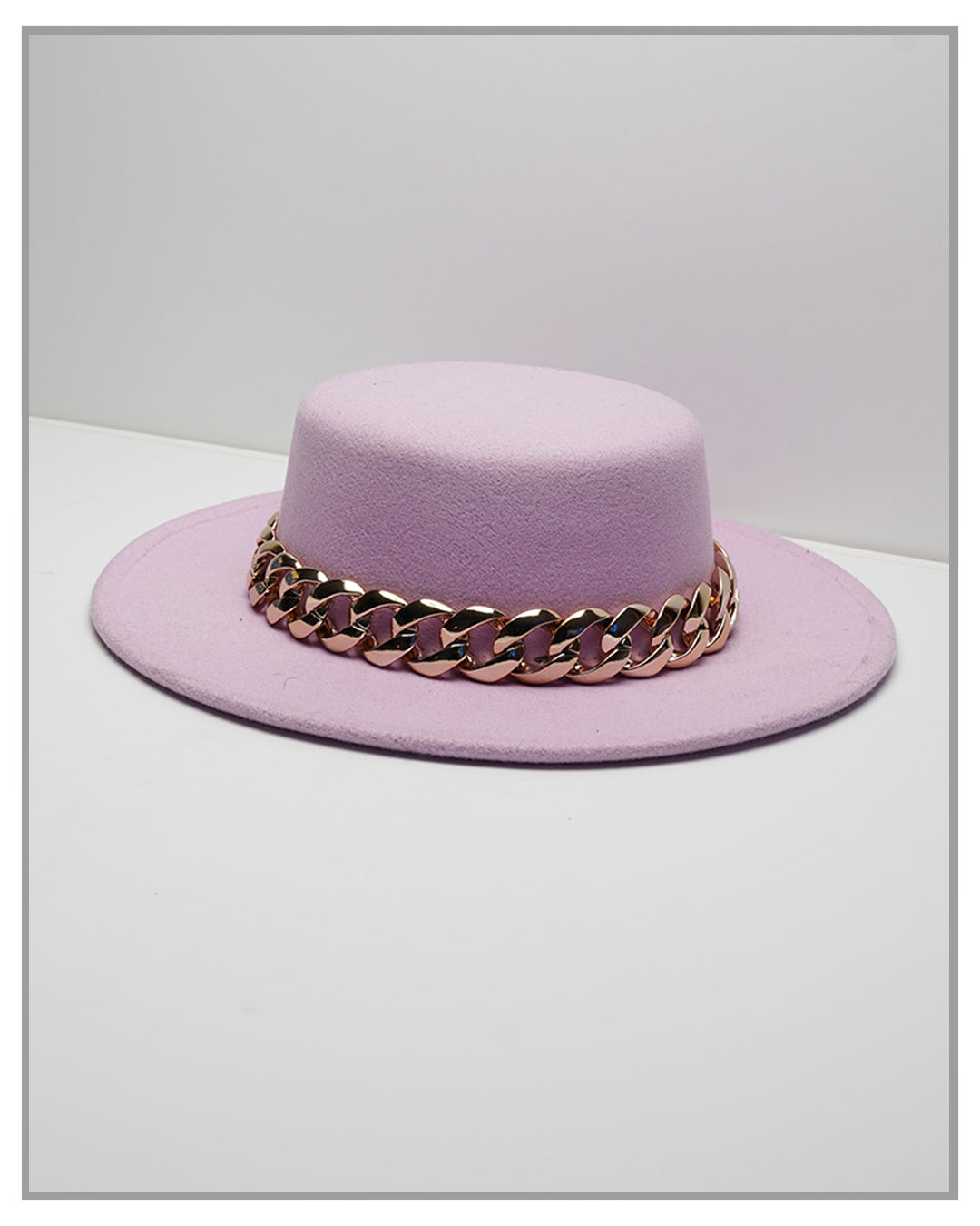 Lavender Flat Top Fedora Hat with Gold Chain