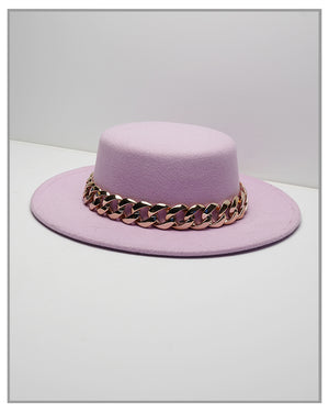 Lavender Flat Top Fedora Hat with Gold Chain