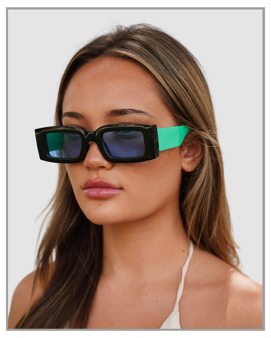 Sleek Retro Rectangle Black/Aqua Sunglasses