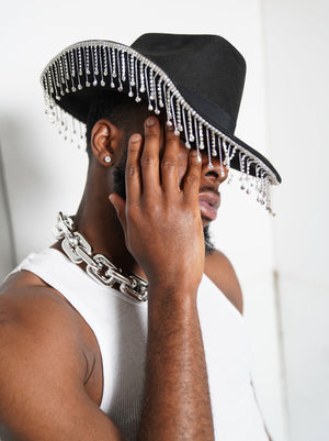 Black Cowboy Fedora Hat with Sling Jewels