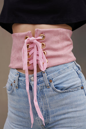 Pink Lace Up Corset Waist Belt - truthBlack