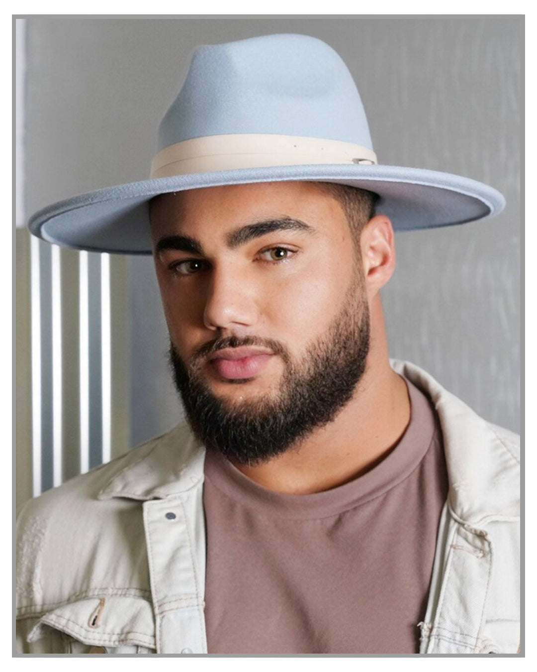 Baby Blue Wide Brim Fedora Hat with White Wrapped Buckle