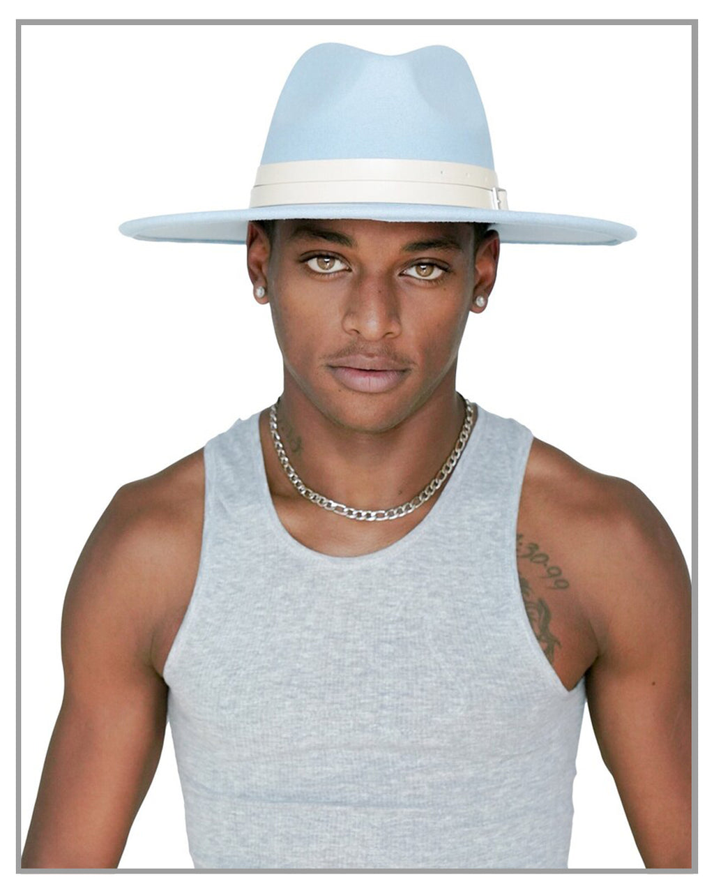 Baby Blue Wide Brim Fedora Hat with White Wrapped Buckle