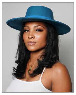 Blue Boater Fedora with Ribbon