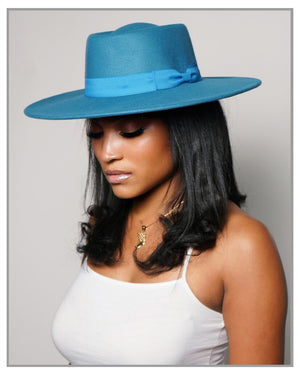 Blue Boater Fedora with Ribbon