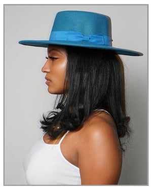Blue Boater Fedora with Ribbon