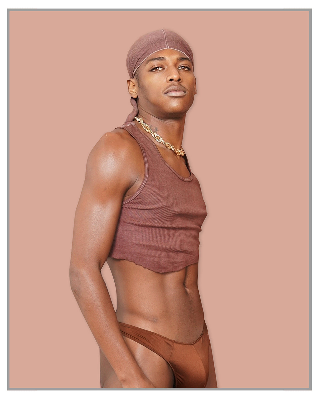 Chocolate Set Vintage Wash Raw Cut Top With Cheeky Nude G-String Thong