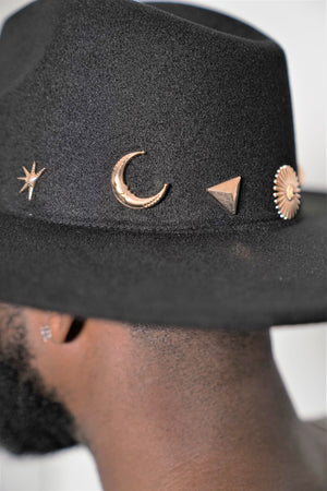 Black Fedora Hat with Celestial Symbols