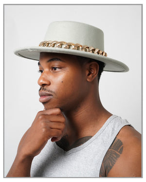 Mint Flat Top Fedora Hat with Gold Chain