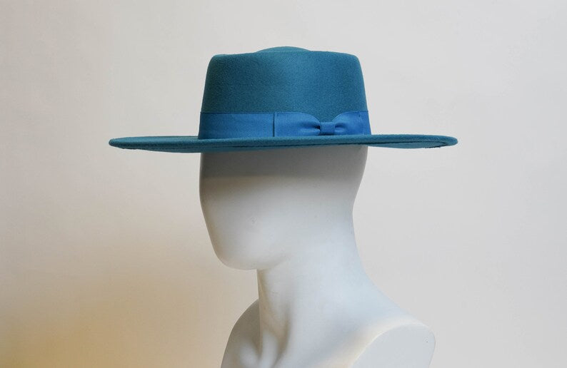 Blue Boater Fedora with Ribbon