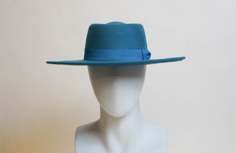 Blue Boater Fedora with Ribbon