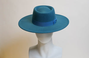Blue Boater Fedora with Ribbon